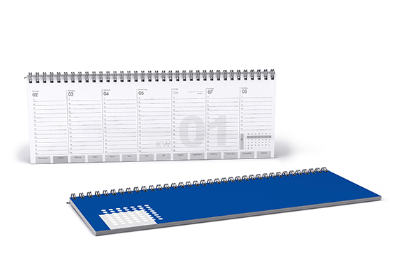 Tischkalender mit Wire-O-Bindung und auffaltbarer Stütze